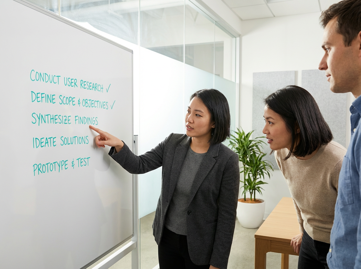 Drei Personen in informellem Standing-Meeting vor einem Whiteboard — eine zeigt auf einen konkreten Punkt, die anderen lehnen aufmerksam vor