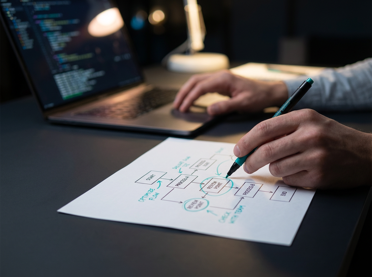 Hände annotieren aktiv ein Prozessdiagramm mit Pfeilen und Feldern — strukturiertes Denken in Aktion, nicht Dekoration