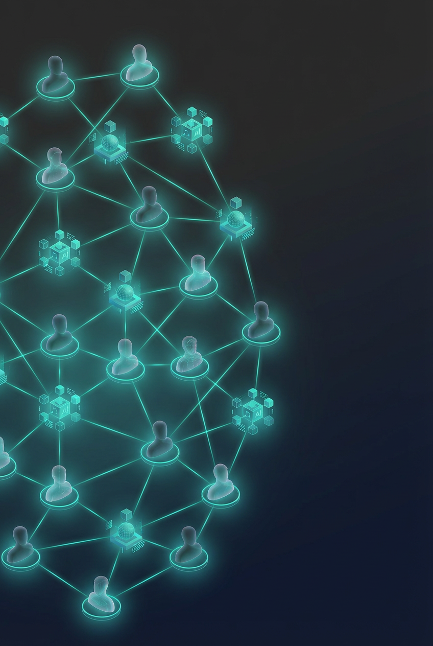 Isometrisches Netzwerk aus menschlichen Knoten und AI-Agenten — Symbol für hybride Organisation