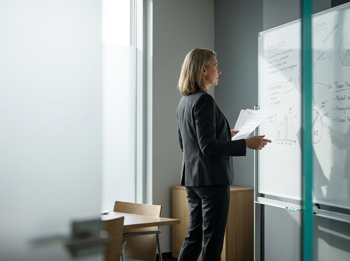 Marketing-Führungskraft im Moment der Entscheidungsvorbereitung — konzentriert, in Bewegung, mit Unterlagen