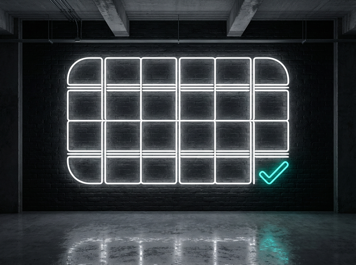 Dunkle Industriewand mit weißer Neon-Installation in Form eines strukturierten Gitters — Symbol für kodifiziertes Wissen und skalierbare Systeme