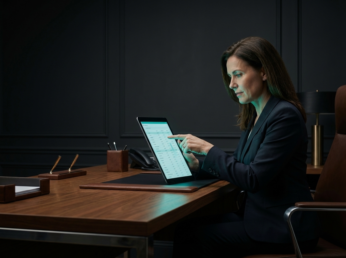 Führungskraft zeigt entschlossen auf einen konkreten Punkt auf dem Tablet-Screen — Symbol für fokussierte Entscheidungsfindung