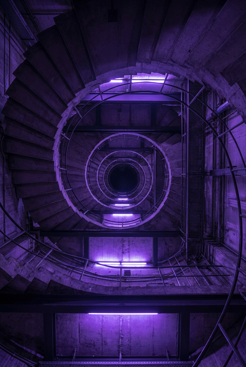 Industrietreppenhaus mit violettem Neonlicht von unten nach oben — Symbol für den weiten Weg zwischen Absicht und Umsetzung