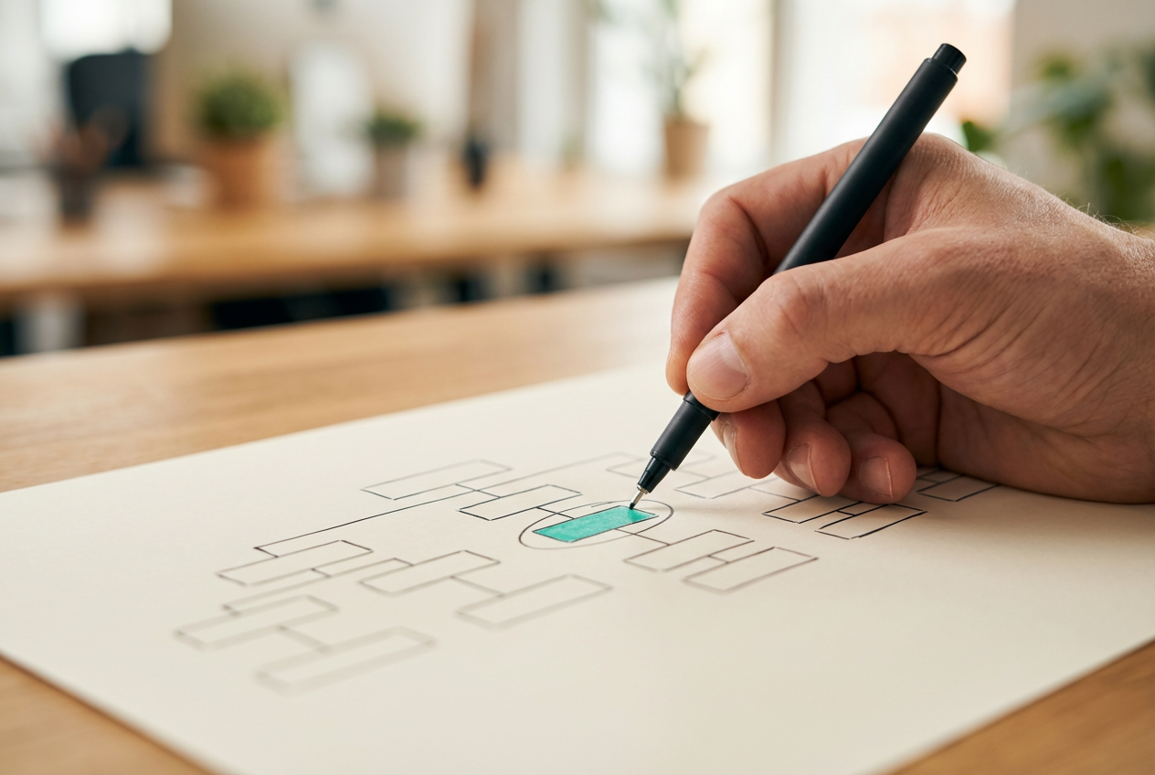 Hand annotiert ein OrgChart-Sketch auf Premium-Papier — Symbol für strategische Entscheidungsfindung