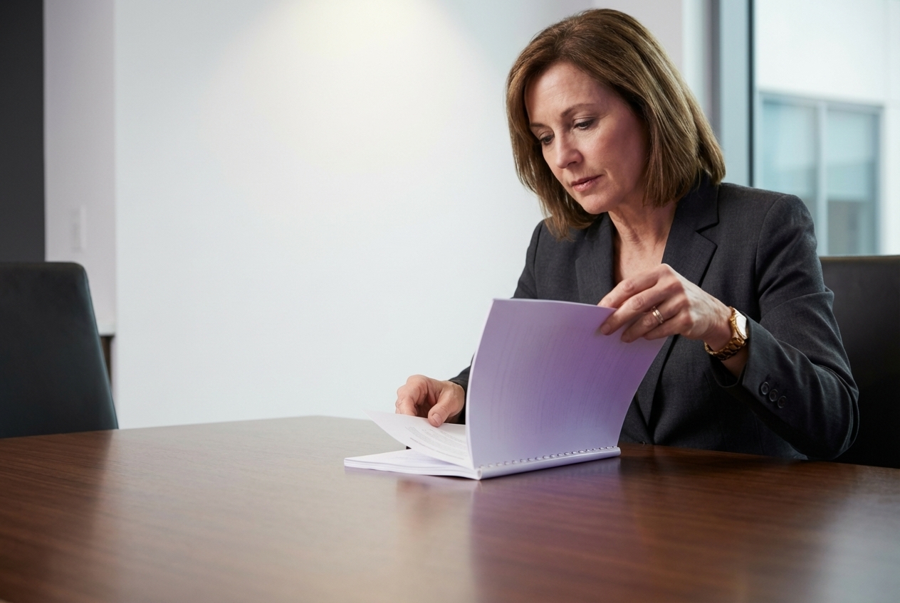 Führungskraft öffnet gebundenes Strategiepapier am Konferenztisch — Ergebnis liegt bereit