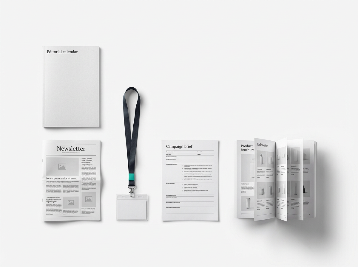 Fünf Marketing-Prozess-Objekte in präziser Knolling-Anordnung auf weißem Grund — Redaktionskalender, Newsletter, Messeausweis, Briefing, Prospekt