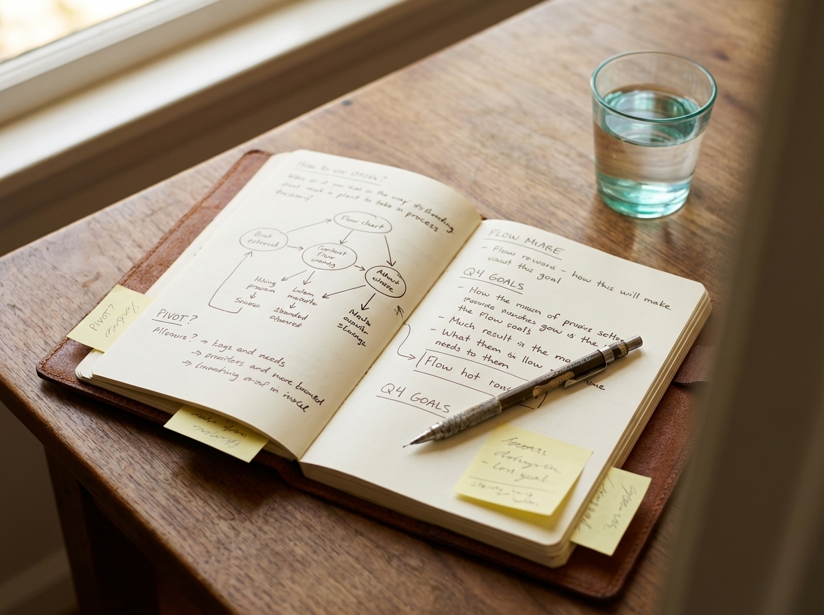 Notizbuch mit strategischen Notizen — viele Ideen, kein klarer Weg