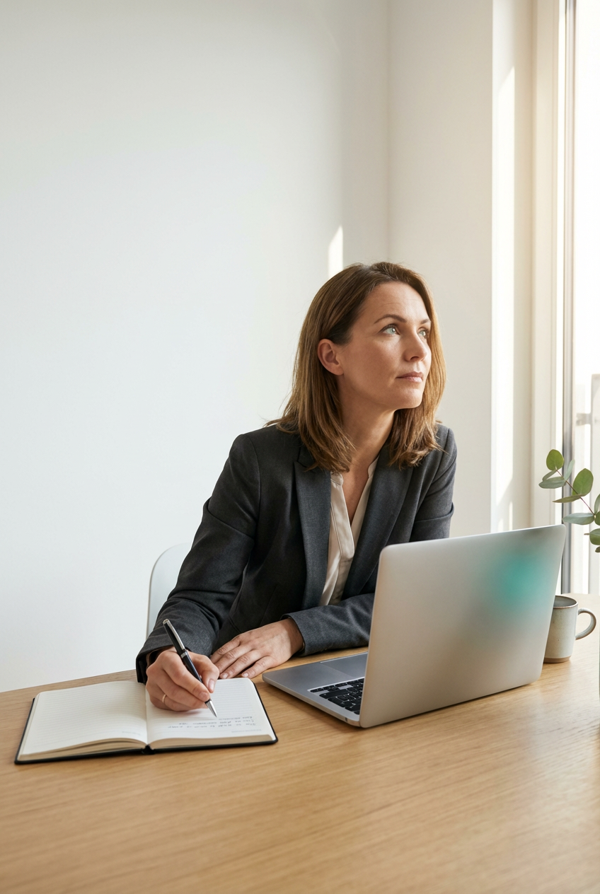 Marketing-Strategin schreibt konzentriert Notizen, während sie gleichzeitig auf den Laptop-Bildschirm schaut — aktive Analyse, keine Pose