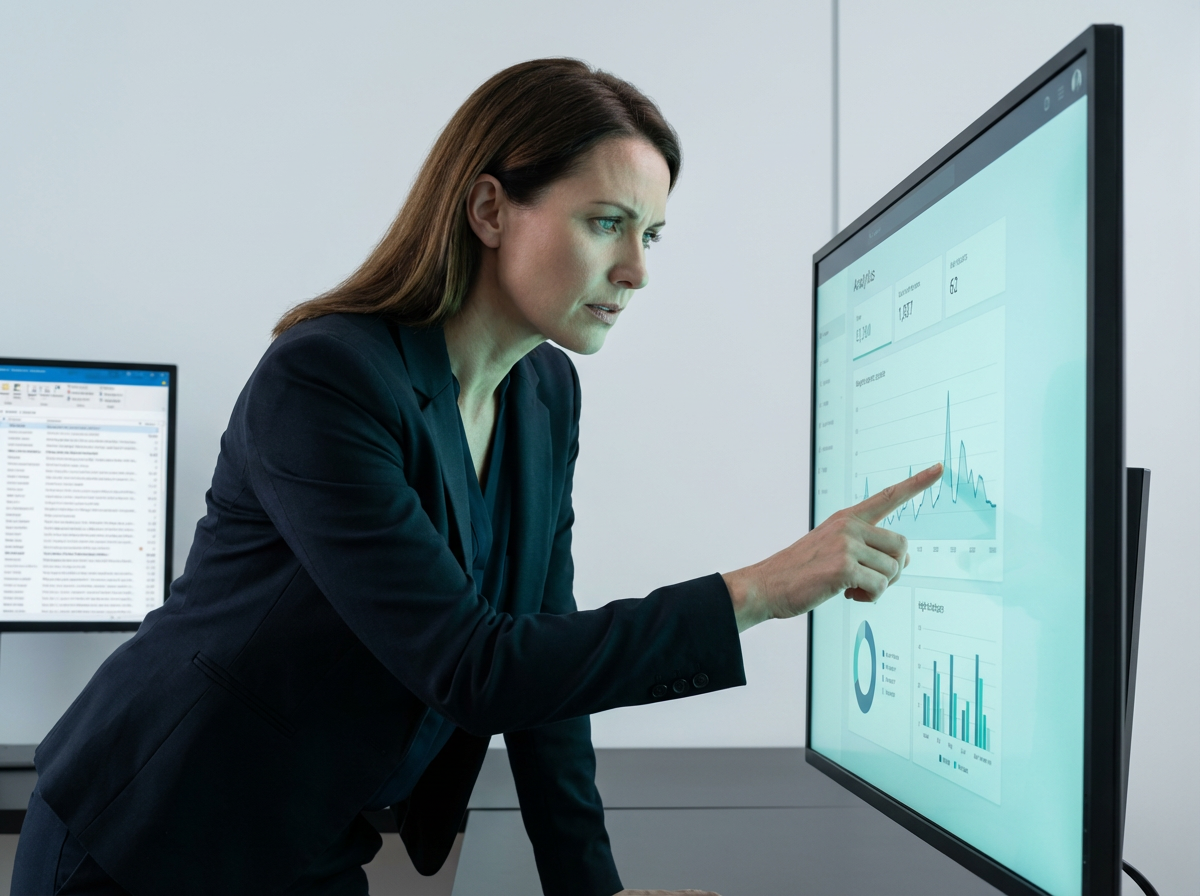 Marketing Managerin zeigt auf Datenpunkt im Dashboard — fokussierte Arbeit unter Zeitdruck