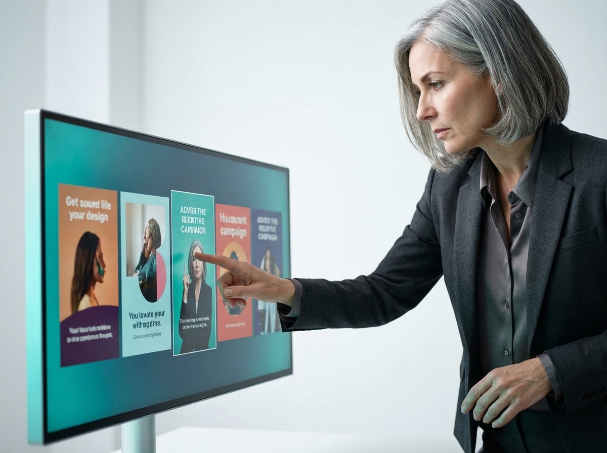 Kreativdirektorin wählt präzise Kampagnenvariante aus mehreren Optionen auf großem Monitor