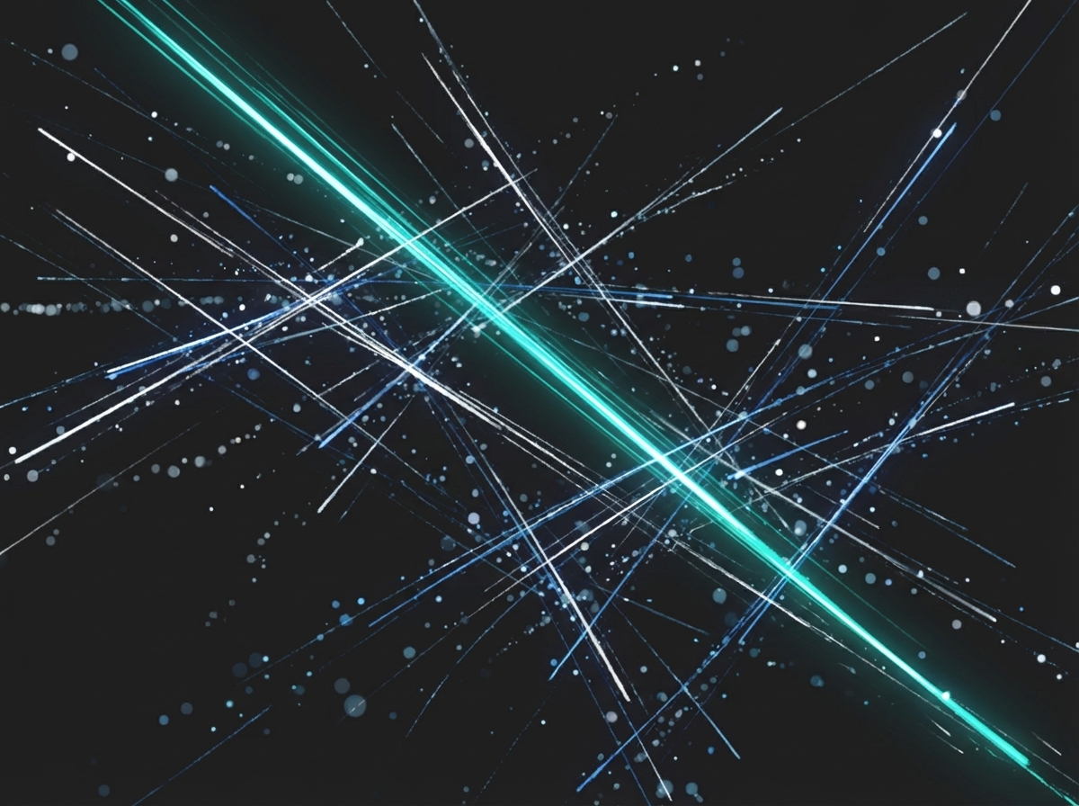 Abstrakte fragmentierte Lichtspuren ohne Zentrum — Symbol für Ideen-Chaos ohne Struktur