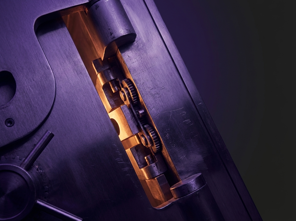 Präzisionsmechanismus in Stahl — Symbol für sichere, geschützte AI-Infrastruktur