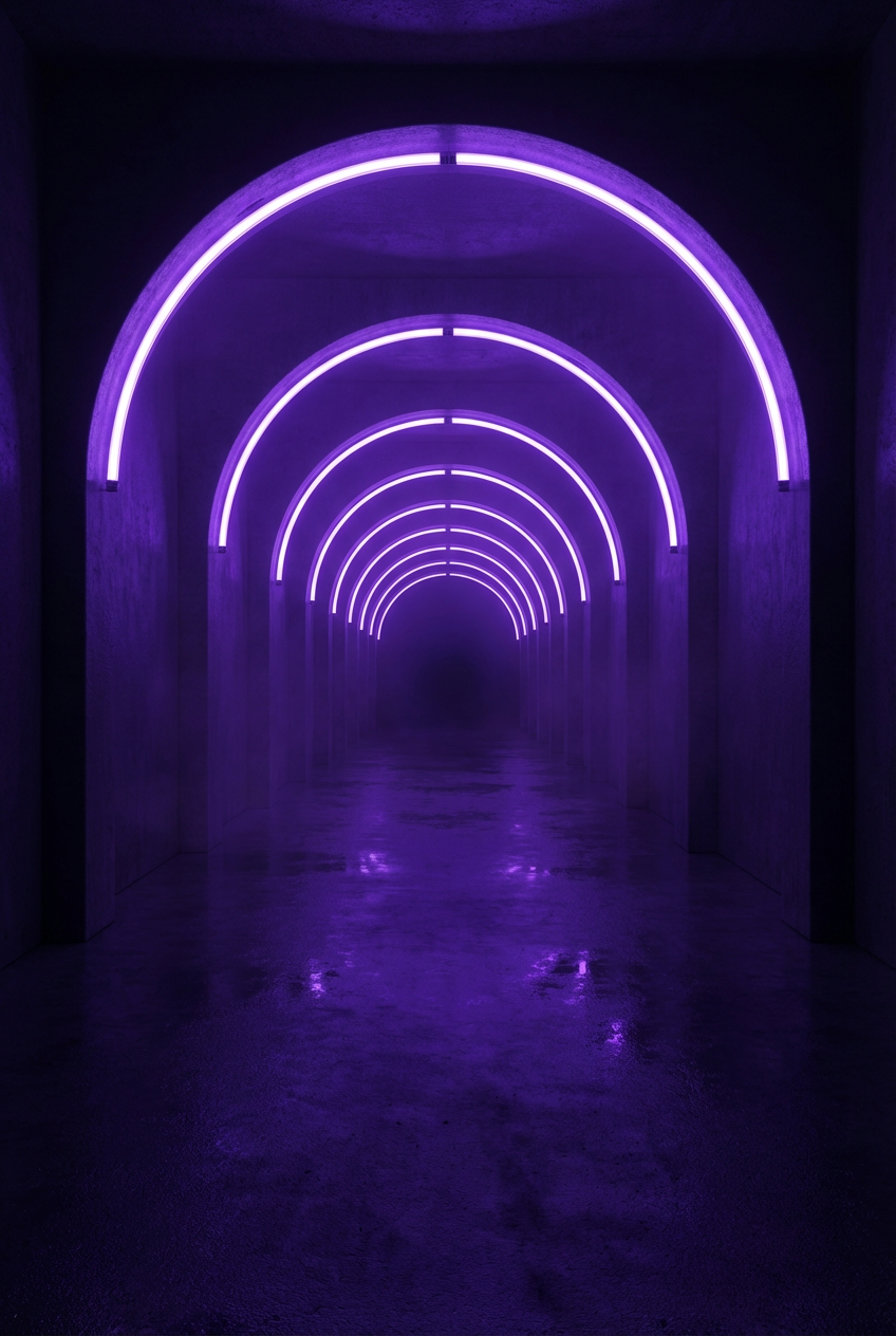 Verlaufskorridor in tiefem Violett — Symbol für die unumkehrbare Richtung des Wandels