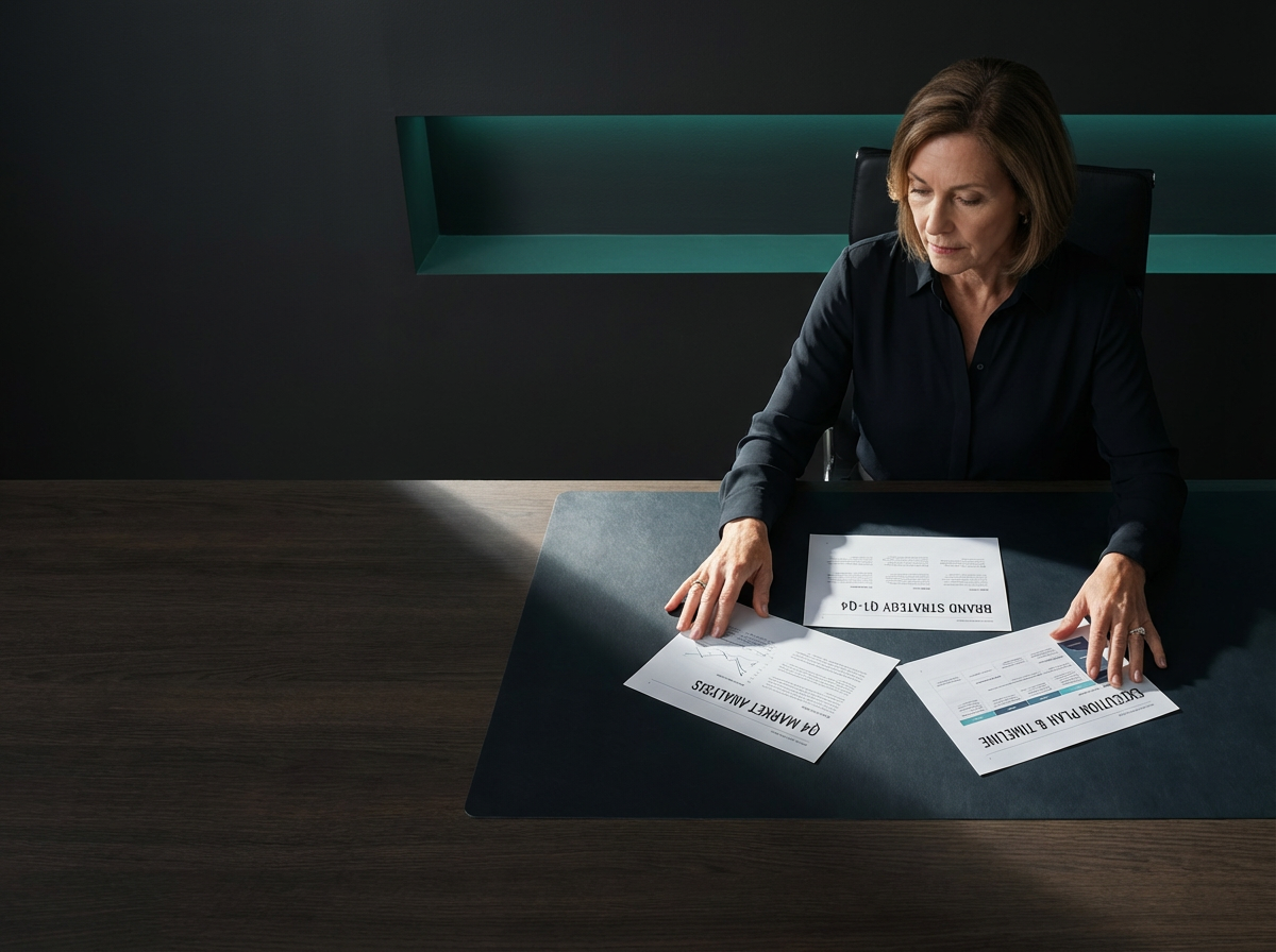 Marketingleiterin ordnet strategische Dokumente — klare Struktur inmitten von Druck