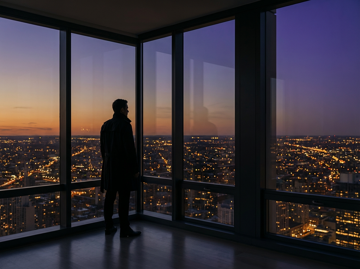 Strategische Vogelperspektive bei Dämmerung — Symbol für den langen Blick und den strategischen Vantage Point der AI-Ära