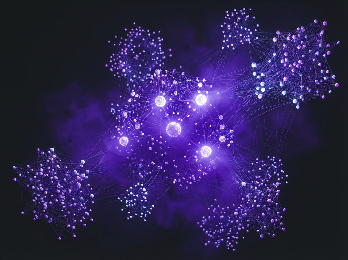 Neuronales Netzwerk mit leuchtenden Knoten — Symbol für algorithmische Auswahl und Markenhierarchie in AI-Systemen