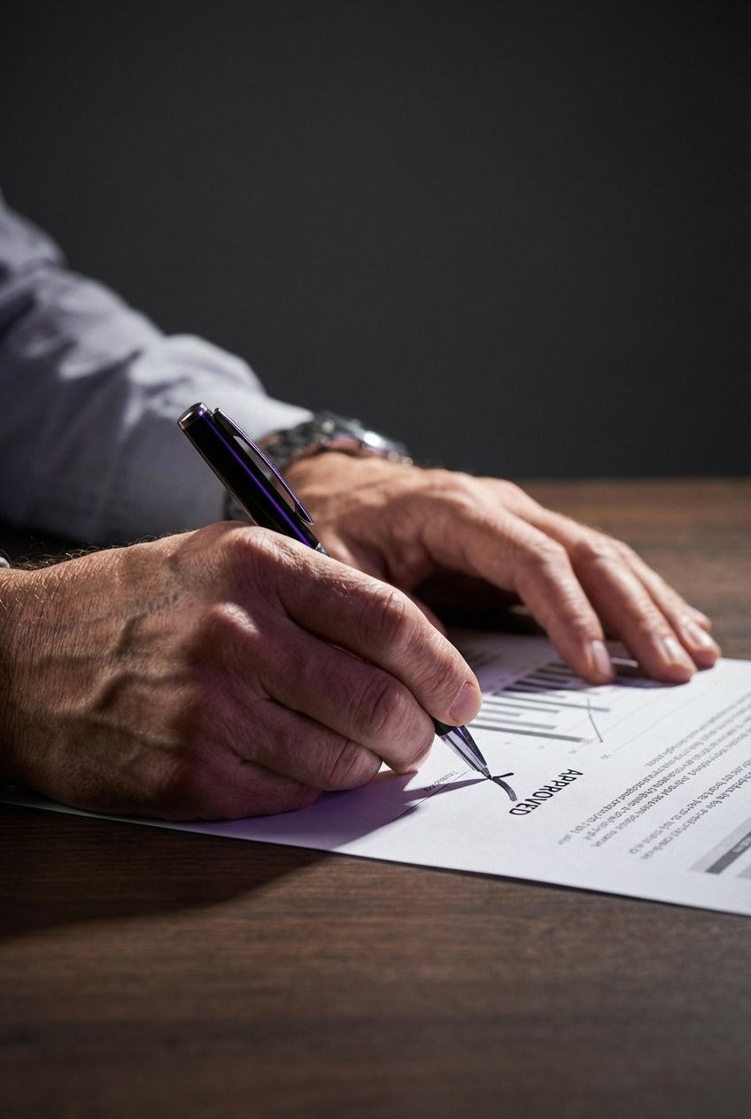 Hände halten Stift über Dokument — Symbol für entschlossene Selektion und Entscheidungssicherheit