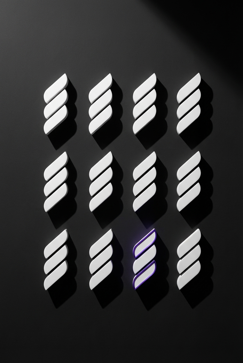 Raster identischer skulpturaler Objekte — eines mit violettem Akzent als Zeichen der Unterscheidung