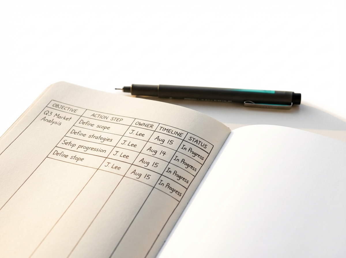 Strukturiertes Notizbuch mit Tabelle und Einträgen — Symbol für methodische GEO-Content-Strategie