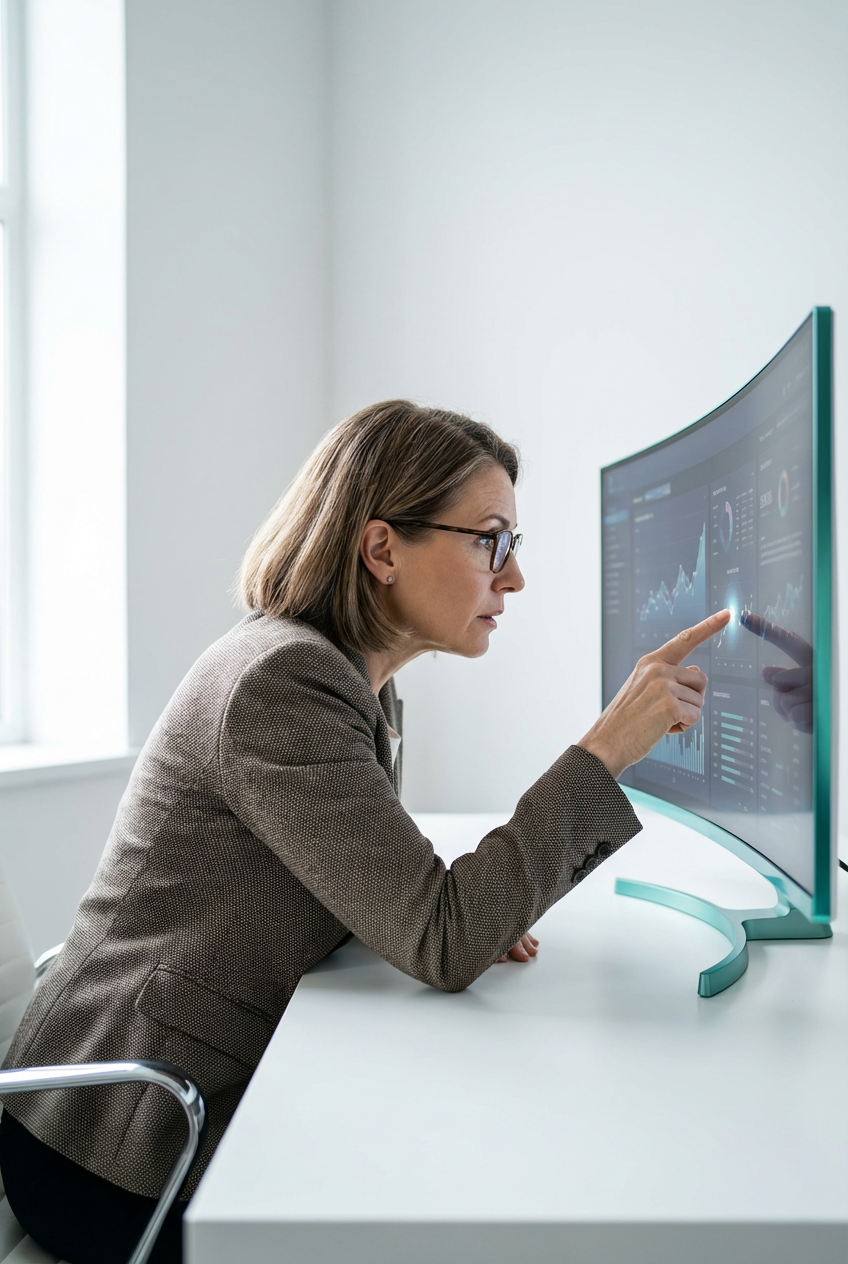 Marketing-Strategin analysiert präzise einen spezifischen Datenpunkt auf dem Bildschirm — fokussiert, analytisch, in Aktion