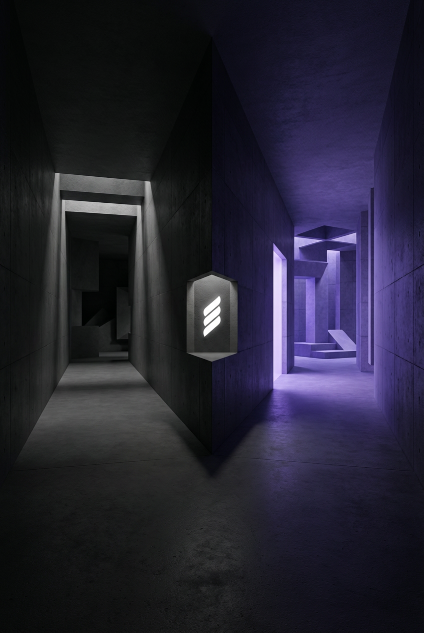 Weggabelung in dunklem Korridor — Entscheidungsmoment zwischen falschem und richtigem Weg