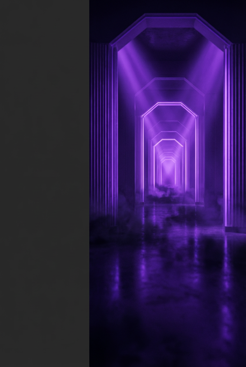 Architektonischer Korridor in tiefem Violett — Symbol für Transformation und Entscheidung