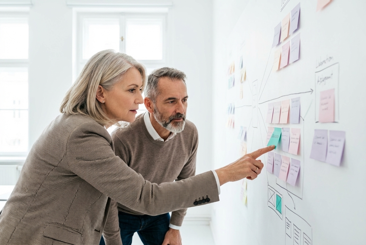 Zwei Fachleute analysieren gemeinsam strukturierte Notizen an einer Wand — kollaborative Analyse-Phase