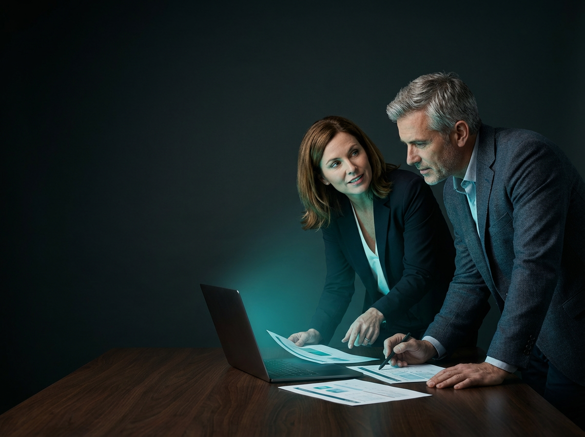 Zwei Senior-Marketing-Professionals im strategischen Gespräch — AI-Marketing Beratung bei superspring