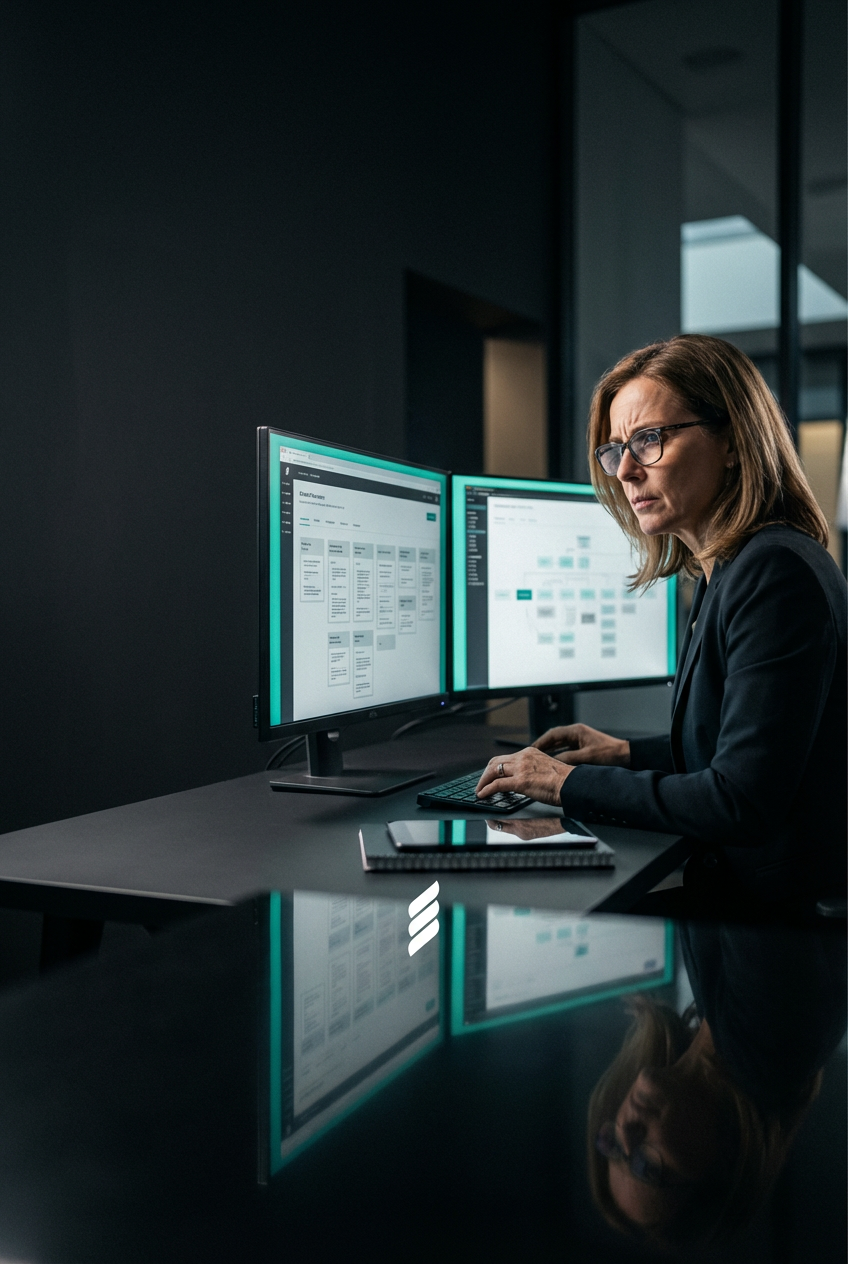 Marketing-Führungskraft analysiert Content-Frameworks auf Monitoren