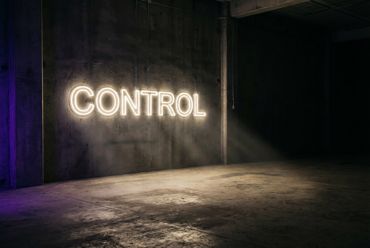 Leuchtreklame "CONTROL" auf Betonwand — Symbol für menschliche Governance in der AI-Organisation